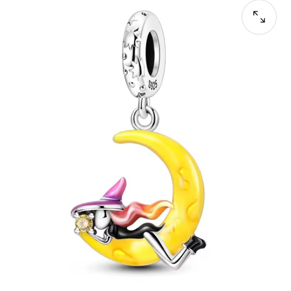 Sterling Silver Witch On Moon Dangle Charm For Pandora Bracelets-NEW